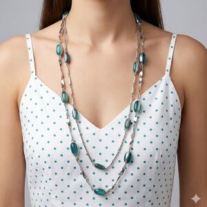 Coldwater Creek Green Bead Double Strand Necklace | Silver Tone Station